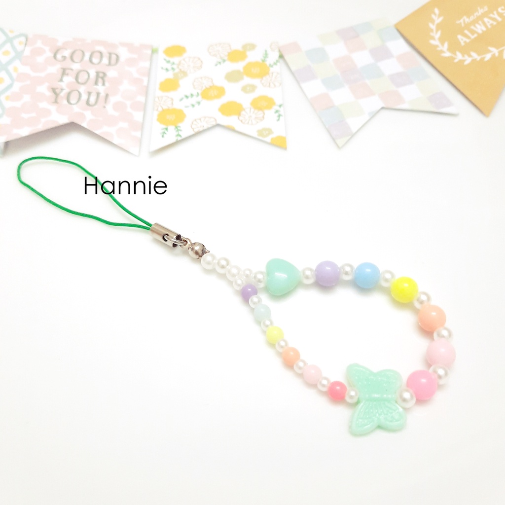 (Tím/Cam/Hồng/Xanh/Vàng) Móc khóa hạt trai pastel bướm - Phụ kiện dây treo điện thoại túi xách balo chìa khóa handmade
