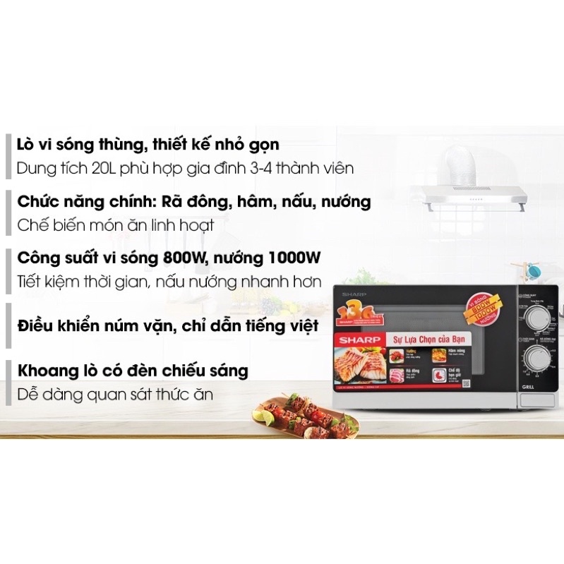 [Chính hãng-Lỗi 1 đổi 1] Lò vi sóng Sharp có nướng R205VN | RG223VN | RG225VNS 20 lít | R20A1-S 22 lít 800W (BH 1 năm)