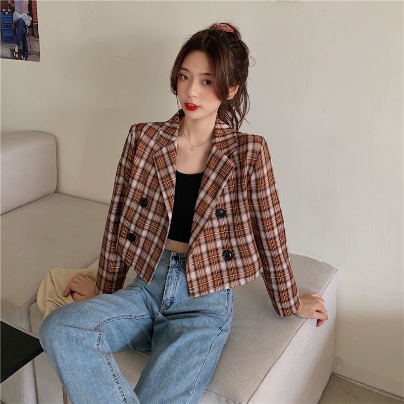 Áo Khoác Blazer Dáng Ngắn Họa Tiết Sọc Caro Thời Trang Hàn Quốc