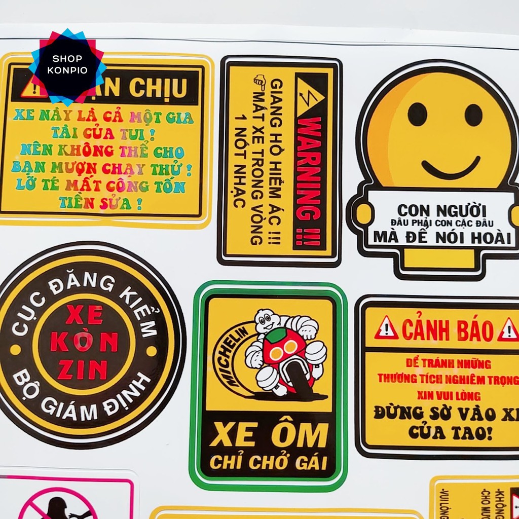 Bộ Tem Sticker Cảnh Báo Cao Cấp Dán Xe Máy, Ô Tô, Mũ Bảo Hiểm, Chống Thấm Nước, Chống Bay Màu