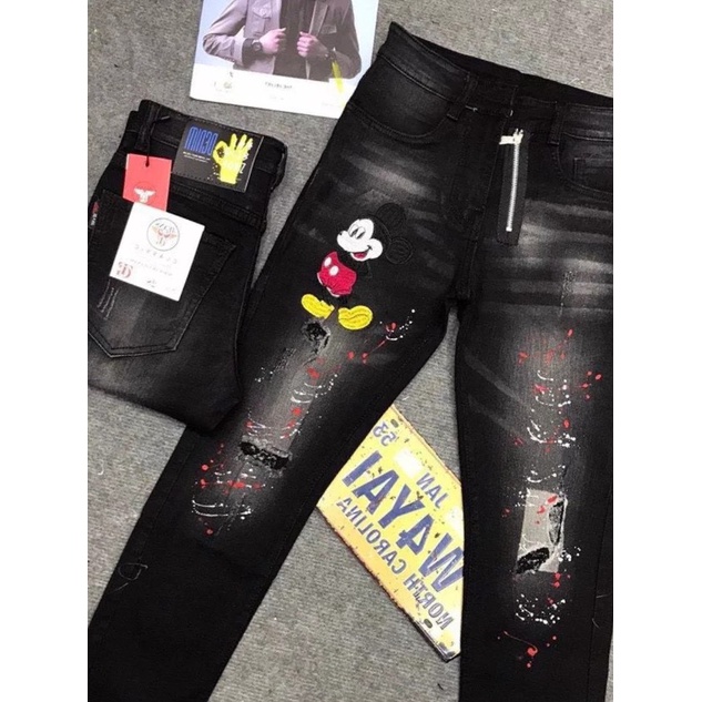 Quần jean nam đen rách gối khóa lệch MICKEY vải đẹp co giãn,from chuẩn cao cấp-MEWHCM