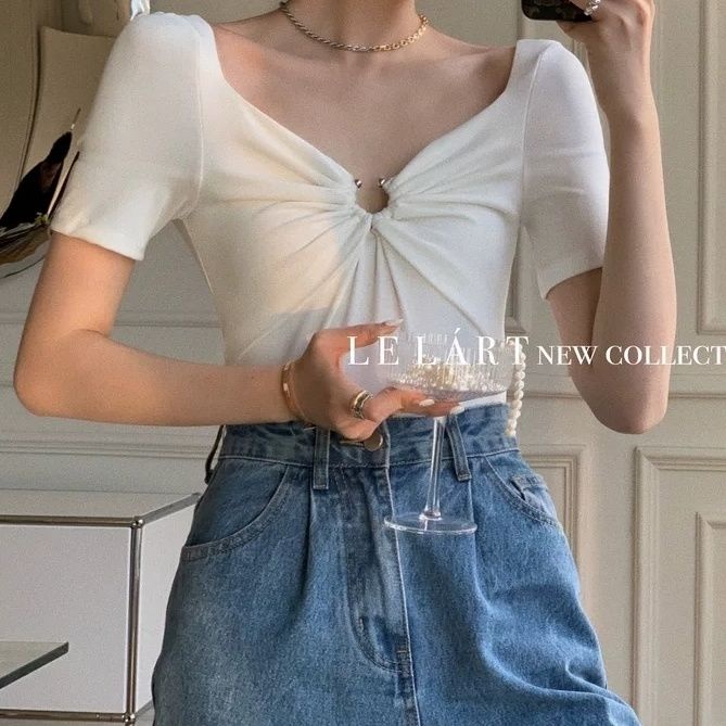 Áo Thun Tay Ngắn Cổ Chữ V Màu Trơn Phong Cách Pháp Thời Trang Mùa Hè Mới Cho Nữ