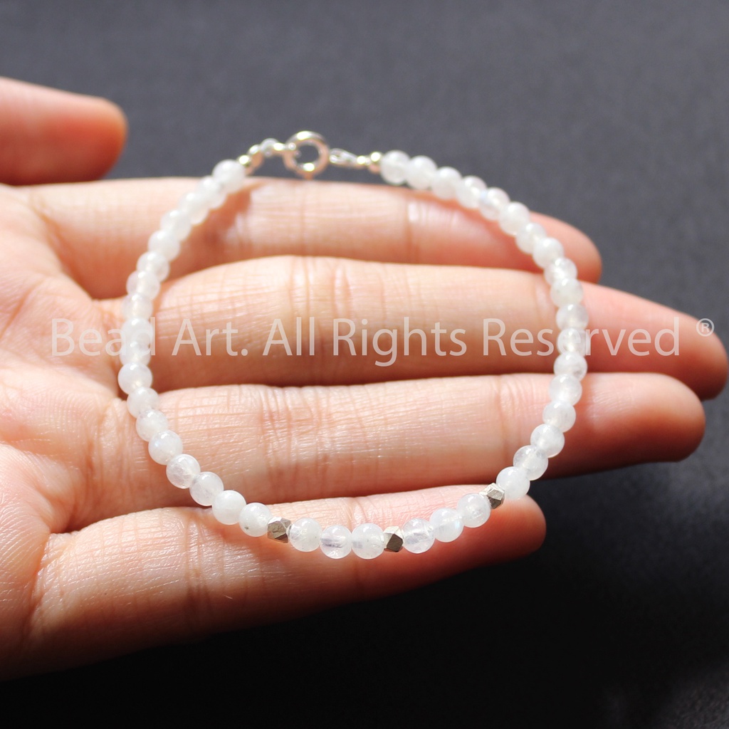 Vòng Tay 3.5MM Đá Ánh Trăng (Mo.onstone) Ánh Cầu Vồng Bạc 925, Vòng Tay Phong Thuỷ, Lắc Tay, Kim, Thuỷ - Bead Art