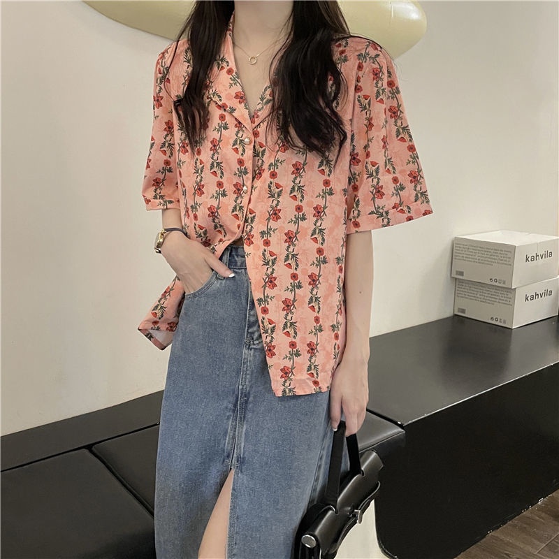 Áo Sơ Mi Tay Ngắn Cổ Chữ V In Hình Hoa Hồng Phong Cách Retro Hàn Quốc