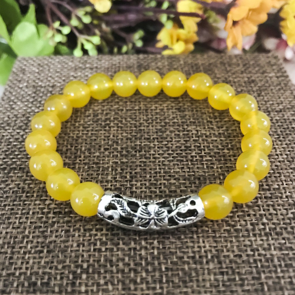 Vòng Tay Cho Mệnh Kim ( Thổ ) - Vòng Tay Nữ Mã Não Vàng 8mm Mix Charm Cầu Bạc V344V-8