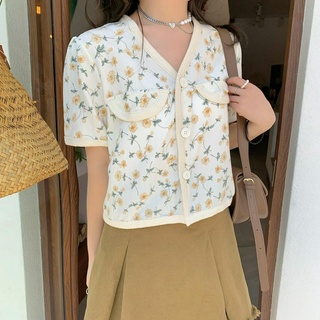 Áo sơ mi tay ngắn cổ chữ V in hoa kiểu dáng đáng yêu cho nữ 42706