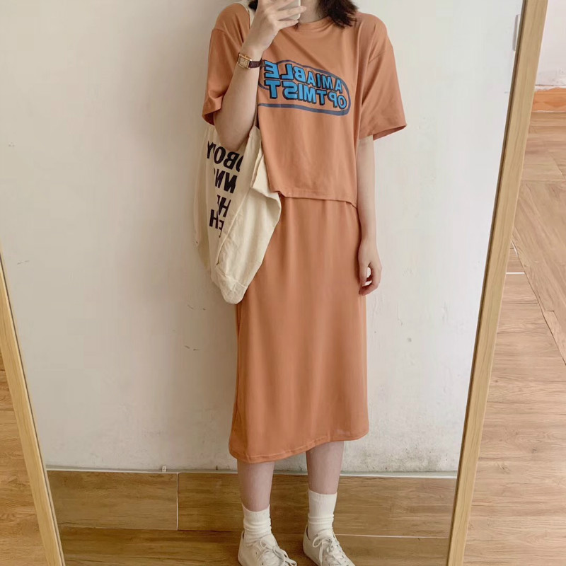 SUXI Bộ Áo Thun Ngắn Tay In Chữ + Chân Váy Trơn Màu Xinh Xắn Dành Cho Nữ