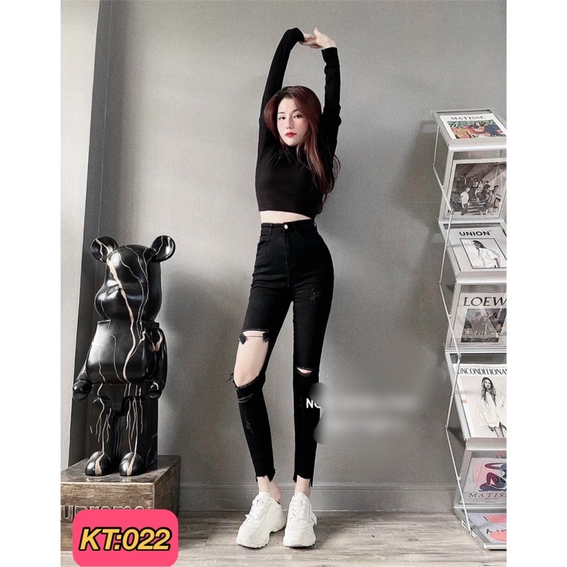 Quần jeans nữ lưng cao mã 022 ôm body lưng siêu cao rách gối