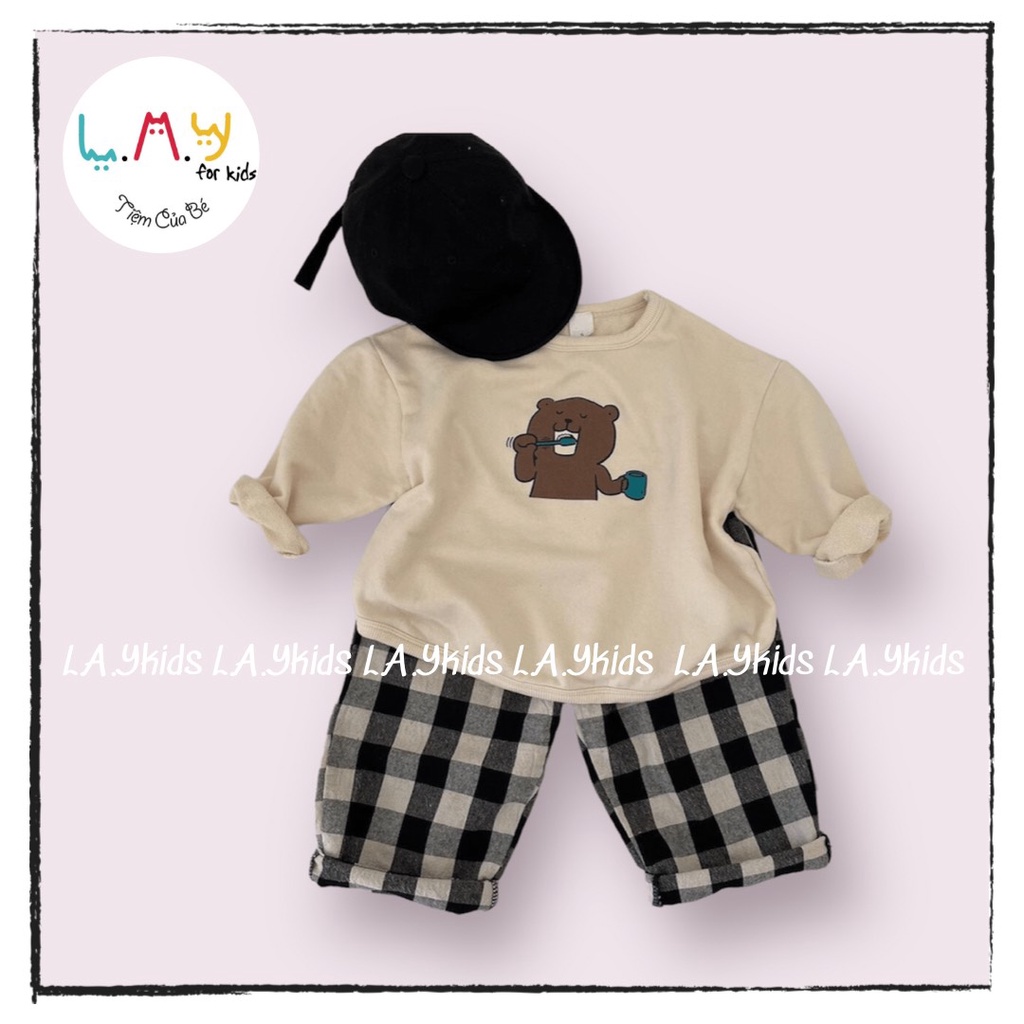 Set Áo Bo Gấu In Hình Hổ Cún Gấu Đánh Răng Quần Kẻ Caro Mix Nâu Xanh Đen L.A.Y kids