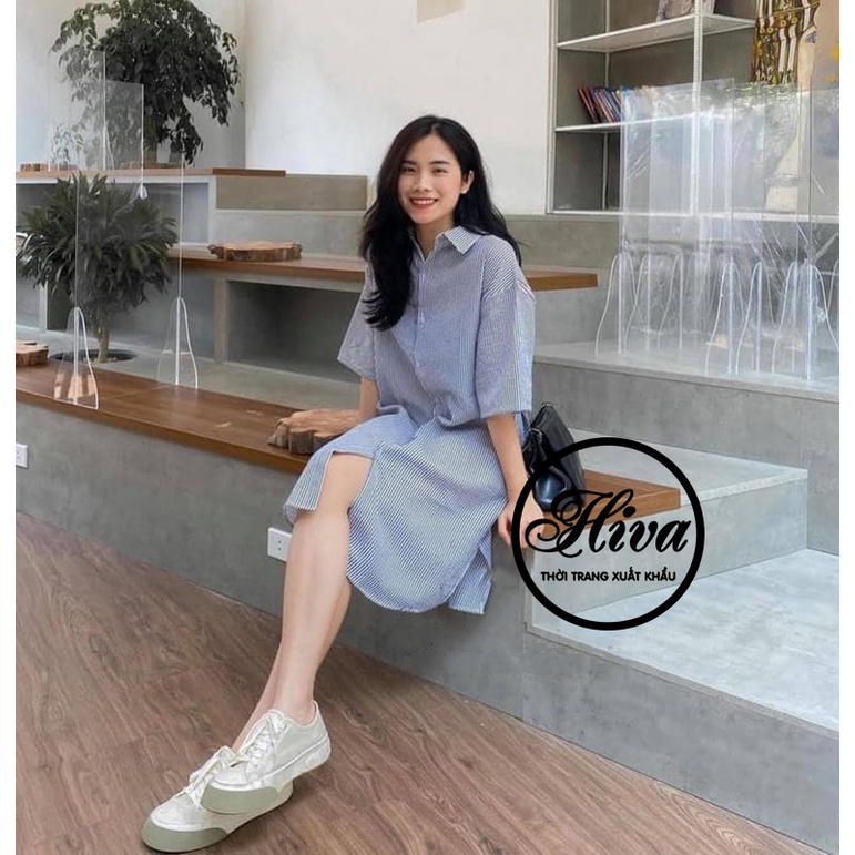 ĐẦM SƠ MI KẺ XỐP ULZZANG đi du lịch biển , VÁY TRẮNG VINTAGE CỔ TRÒN DÁNG DÀI