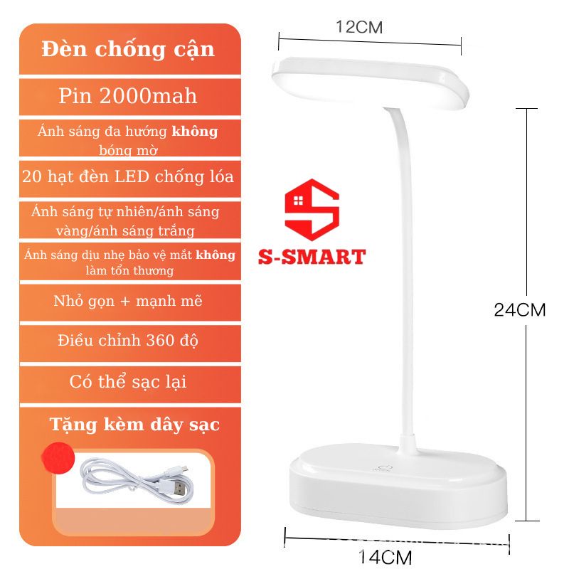 Đèn học - đèn học chống cận cho bé. den để bàn tích điện, pin 360mah, 3 chố độ sáng, tặng kèm dây sạc