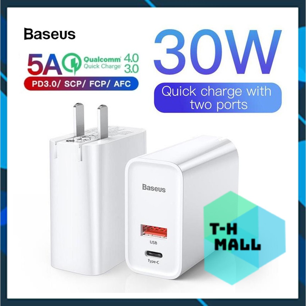 Củ sạc nhanh Baseus 30W 1 USB-C PD 3.0 / 1 USB-A Quick Charge 3.0 (Màu trắng)