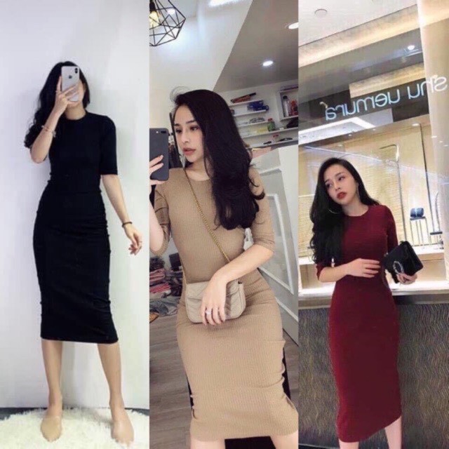 Đầm body tay lỡ nữ len tăm kiểu dáng bassic trẻ trung form thụng