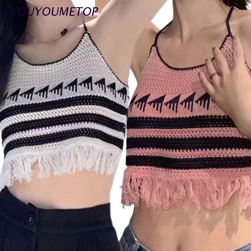 Áo Croptop Dệt Kim Sát Nách Buộc Dây Nhiều Màu Sắc Phong Cách Boho Cổ Điển Quyến Rũ Thời Trang Mùa Hè Cho Nữ Y2K
