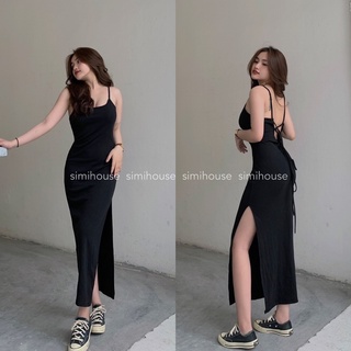 Váy body hai dây xẻ tà / đầm body thắt dây thun borip