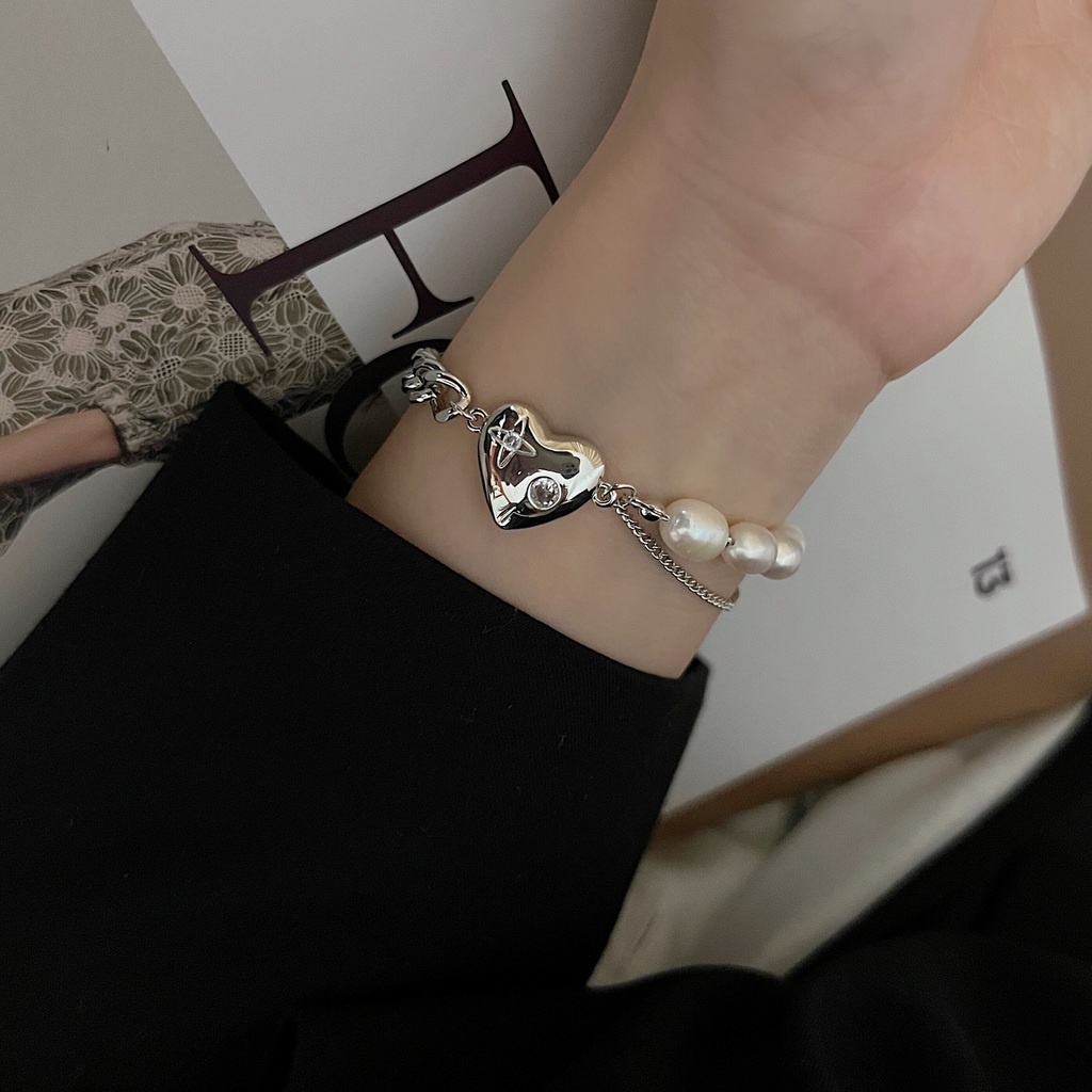 Vòng Tay Đính Hạt Ngọc Trai Hình Trái Tim Thời Trang Dành Cho Nữ