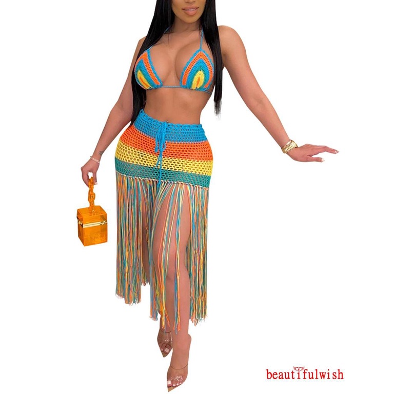 Bộ bikini cổ chữ V họa tiết kẻ sọc phối tua rua dài thời trang quyến rũ cho nữ
 | BigBuy360 - bigbuy360.vn