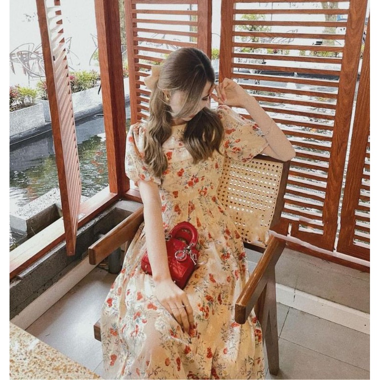 Váy hoa họa tiết Vintage xếp li ngực điệu đà