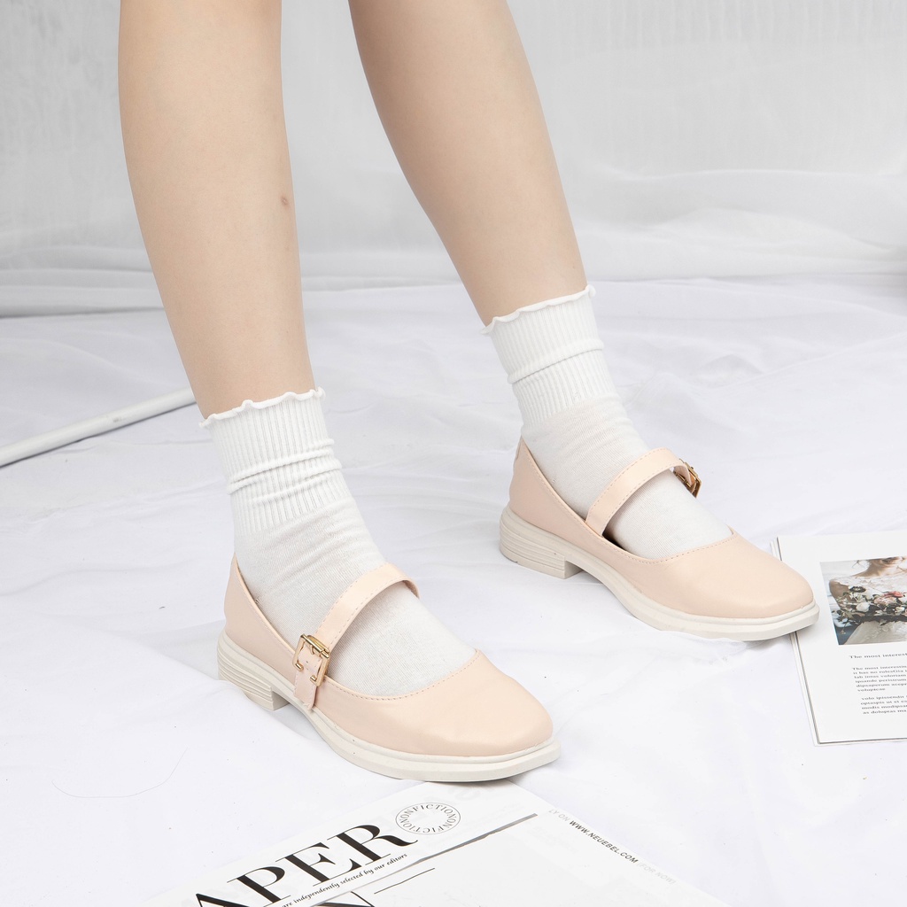 Giày MWC 2252 -  Giày Búp Bê Da Mũi Tròn Thiết Kế Kiểu Dáng Basic Thanh Lịch Màu Kem Đen