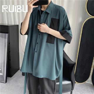 Áo sơ mi tay lửng phối dây ruy băng dáng suông thời trang hàn quốc cho nam