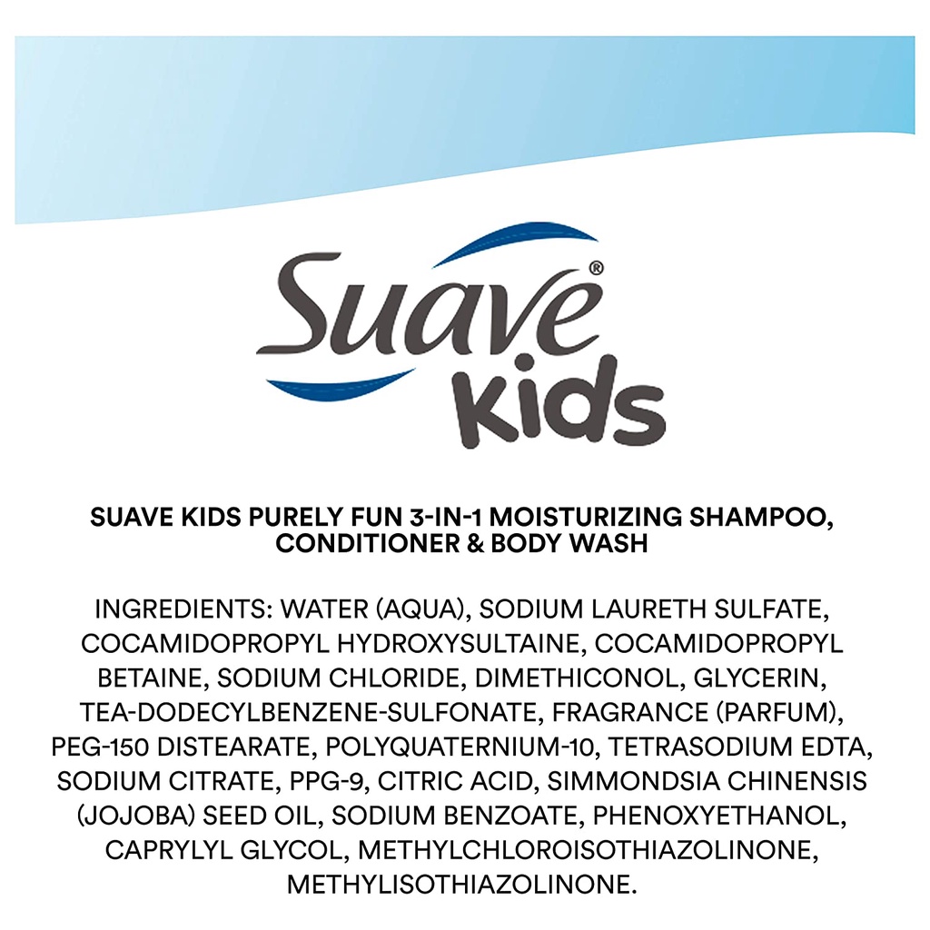 Sữa tắm, dầu gội &amp; xả 3 trong 1 cho trẻ em Suave Kids 3 in 1 Shampoo Conditioner Body Wash Purely Fun 828ml (Mỹ)