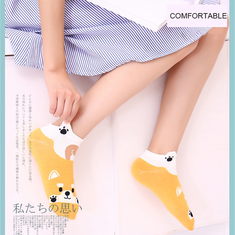 Kawaii Animal Printed Ankle Socks Women Girl Cat Slipper Socks Target 100 Cotton Loafer Socks Low Cut Socks Non Slip White Socks