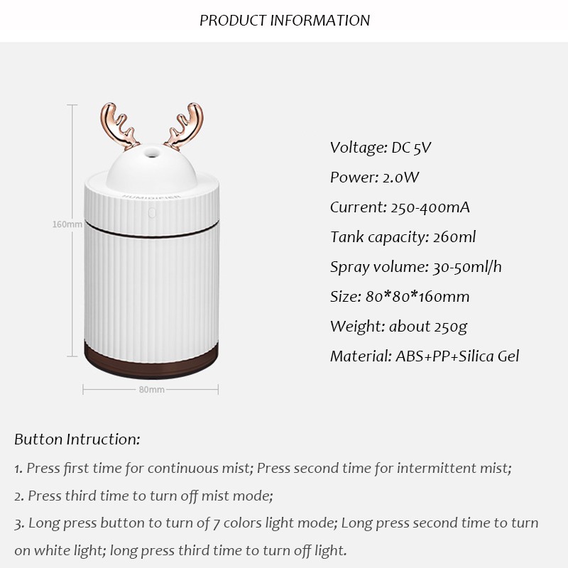 Fnelse Máy tạo độ ẩm khuếch tán tinh dầu đầu cắm USB 260ml tích hợp đèn