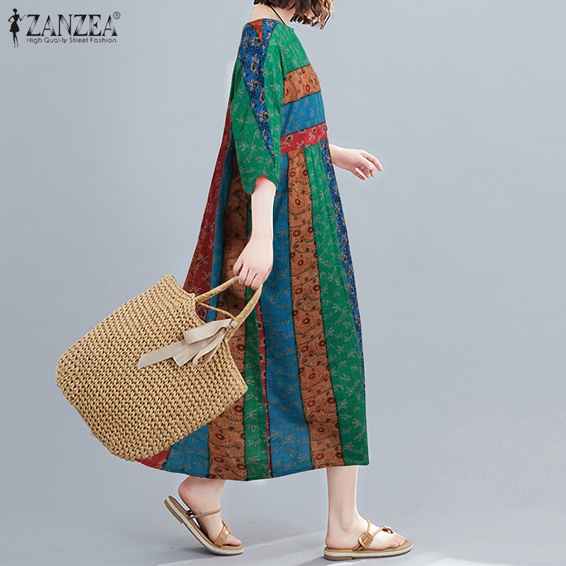 Đầm Dài ZANZEA Thiết Kế Tay Ngắn In Hoa Văn Thời Trang Dành Cho Nữ | BigBuy360 - bigbuy360.vn