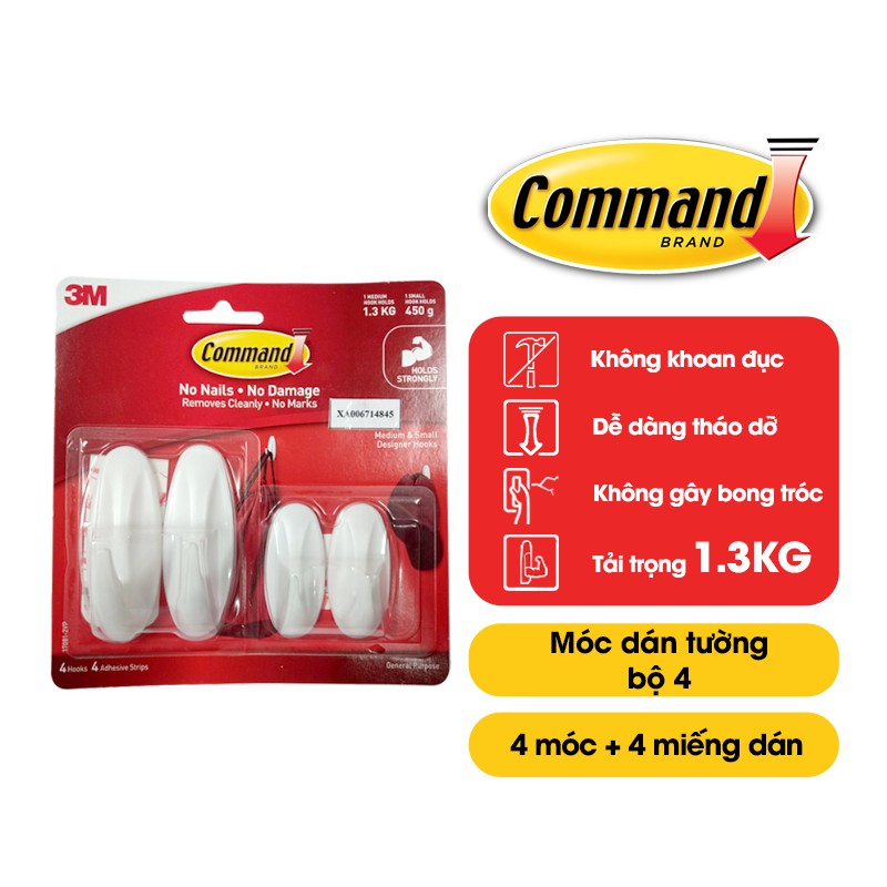 Bộ 4 Móc dán tường Command 3M hịu lực tối đa 1.3kg 17081 VP