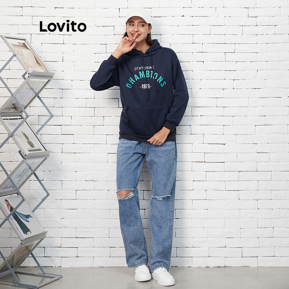 Áo sweatshirt Lovito có mũ trùm đầu phối dây rút in chữ đơn giản L07182 (màu xanh dương đậm) | BigBuy360 - bigbuy360.vn