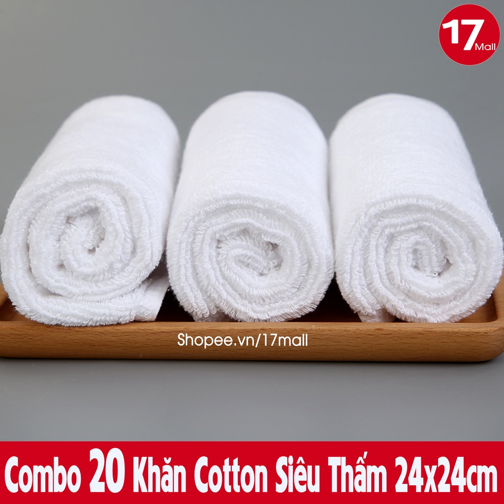 Combo 20 khăn trắng cotton 24x24 đa năng, khăn vuông lau bếp, xe ô tô, lau quán ăn, bệnh viện, spa, nail, trường học