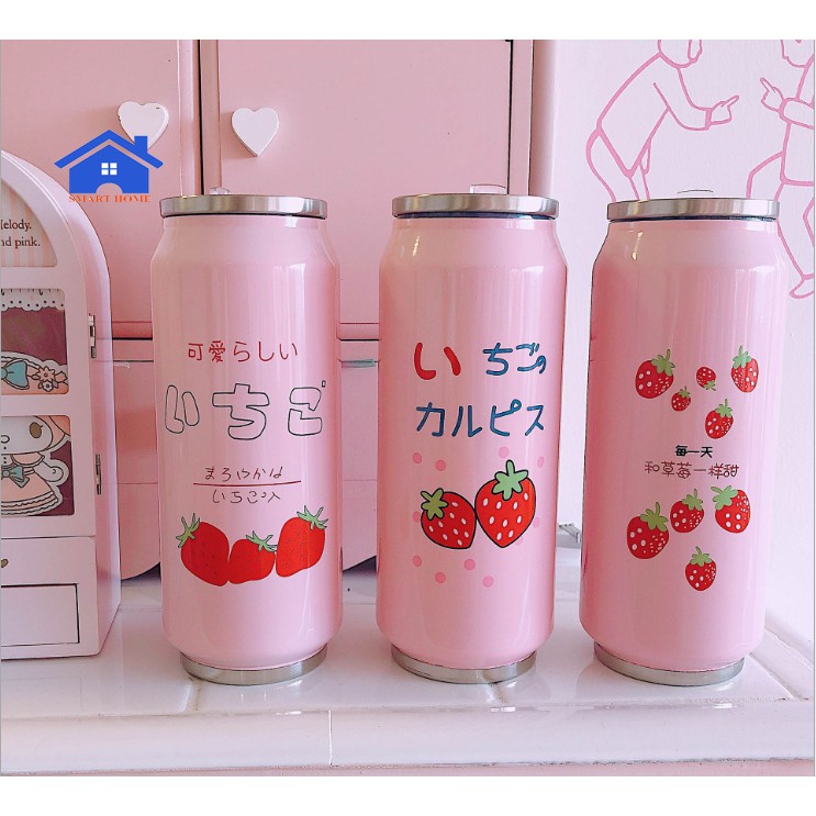 🍓BÌNH GIỮ NHIỆT🍓 Bình Nước Giữ Nhiệt Hình Lon Bia Dâu Tây Siêu Dễ Thương
