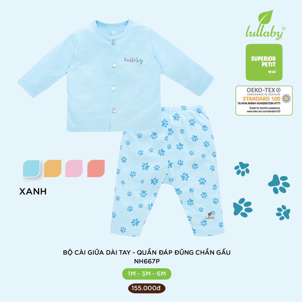 Bộ Lullaby Premium petit cao cấp mềm mịn dài cài giữa quần họa tiết trơn thoáng mát thấm hút tốt bé trai bé gái NH667P