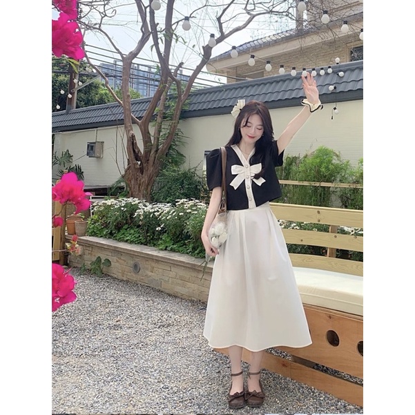 Sét Áo Đen Váy Trắng Dáng Dài JARI-CLOTHES Xoè Đi Chơi Cho Bạn Gái Bigsize Dễ Thương
