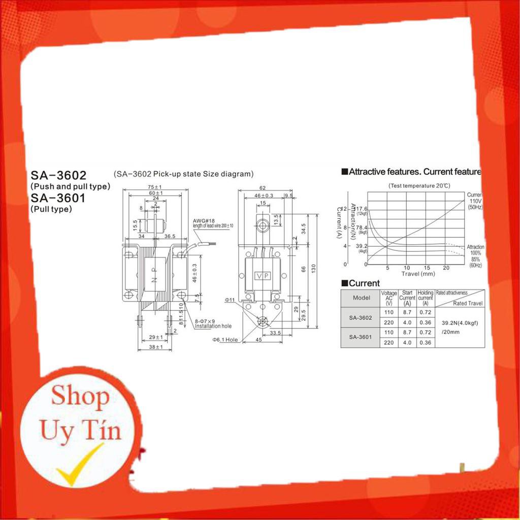 Cuộn hút 220V SA-3602 19.6N kéo 4kg hành trình 15mm