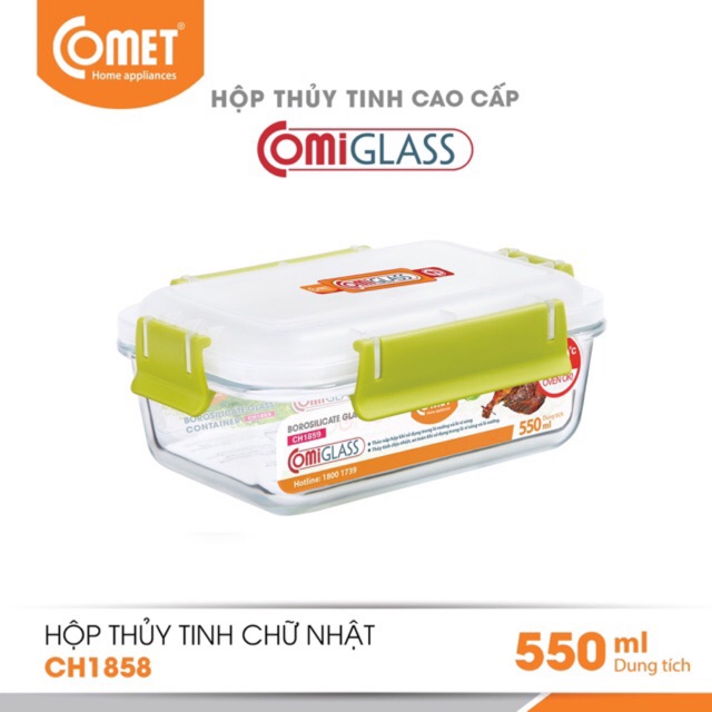 Hộp đựng thực phẩm thuỷ tinh 550ml Comet CH18-58 (Hộp chữ nhật)