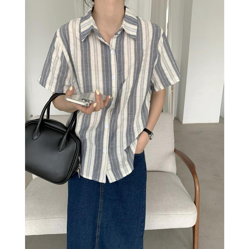 Áo Sơ Mi Cotton Lanh Kẻ Sọc Ngắn Tay Thời Trang Hè Hàn Quốc Sành Điệu 62164