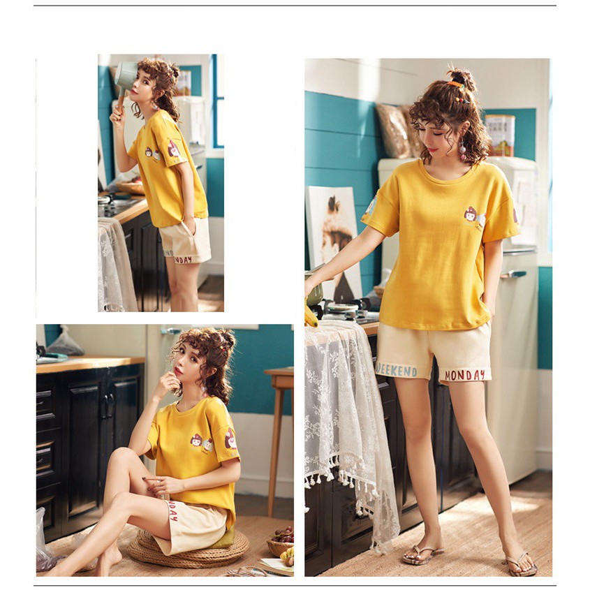 Bộ mặc nhà nữ💖FREESHIP💖Đồ ngủ cotton  màu vàng tươi trẻ mã H03 | BigBuy360 - bigbuy360.vn