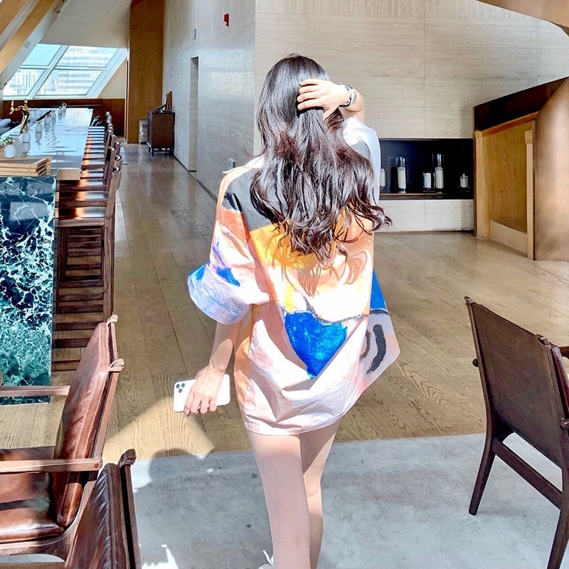 Áo Sơ Mi Tay Ngắn Dáng Rộng Cổ Bẻ In Họa Tiết Tranh Sơn Dầu Độc Đáo Thời Trang Cho Nữ