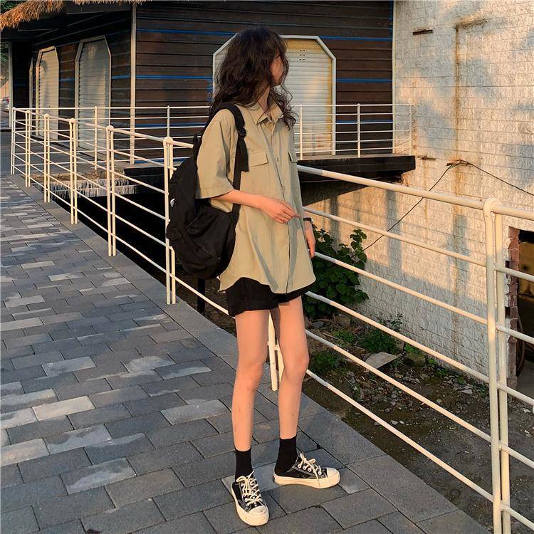 Áo sơ mi IELGY tay ngắn dáng rộng phong cách cổ điển thời trang cho nữ