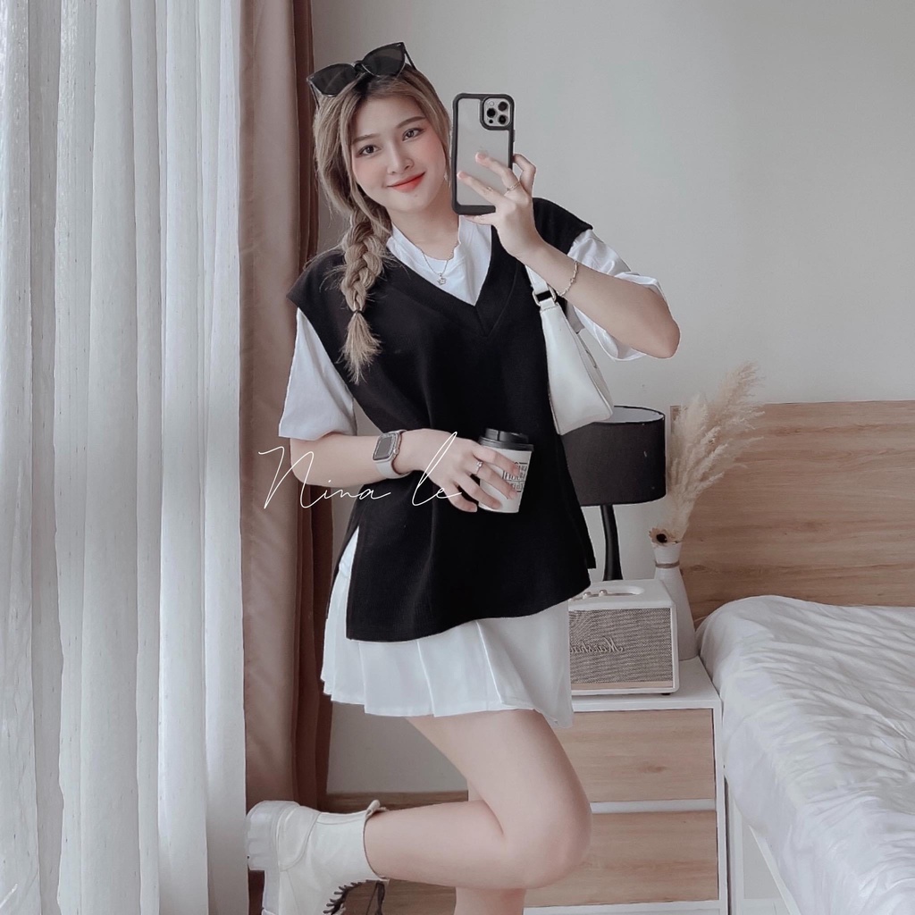 Set bộ đồ nữ 3 món áo thun phối áo khoác gile xẻ tà xinh xắn với 2 màu tôn da, tôn dáng dành cho các nàng yêu đi chơi