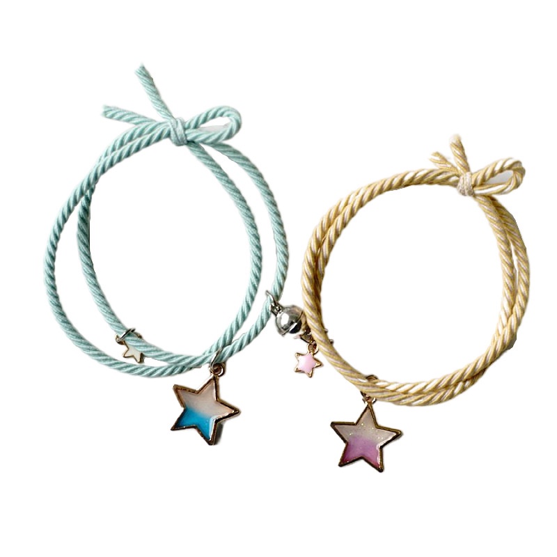 Vòng tay cặp đôi thời trang hình mặt trăng sao dây thừng từ tính hút thủ công thiết kế phong cách hoạt hình món quà sinh nhật dễ thương cho nam và nữ