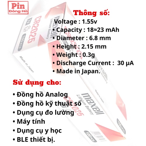 Pin 2025 CR2025 Maxell 1 vỉ 5 viên - dùng cho cmos, đồng hồ, thiết bị điện tử, đồ chơi,...