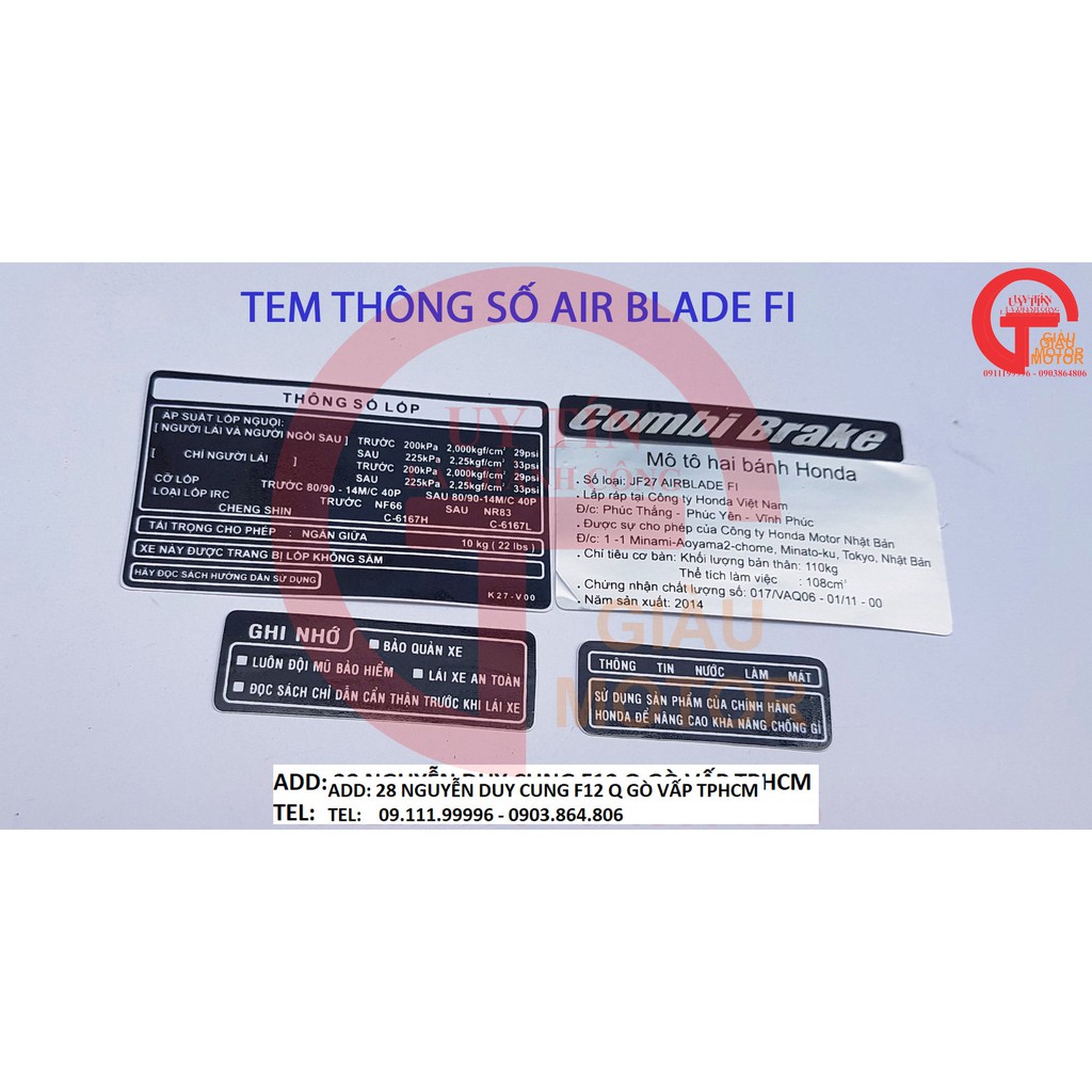 [GIÁ SỐC] BỘ TEM THÔNG SỐ CHO XE HONDA AIR BLADE FI VIỆT ,TINH SẢO