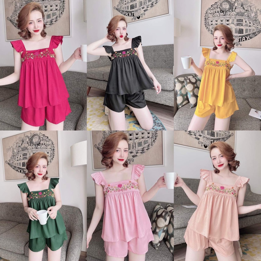 Đồ ngủ nữ tay cánh tiên kèm quần đùi,Set đồ nữ sexy cổ vuông thêu hoa văn siêu dễ thương freesize dưới 58kg