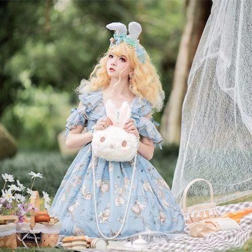 Túi Đeo Chéo Phối Dây Xích Đính Ngọc Trai Hình Thỏ Mềm Mại Phong Cách Lolita