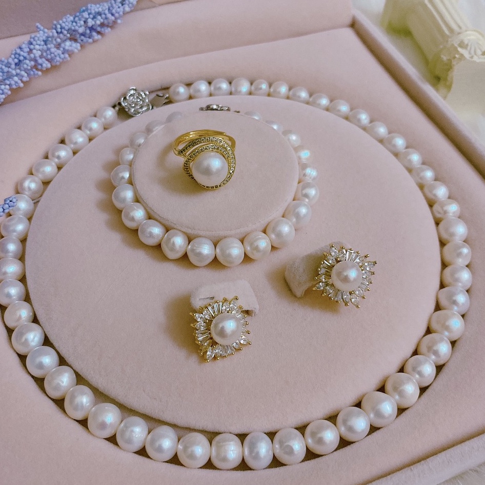 Bộ trang sức trai thật tự nhiên nuôi nước ngọt 10li trắng 4 món đã có hộp
