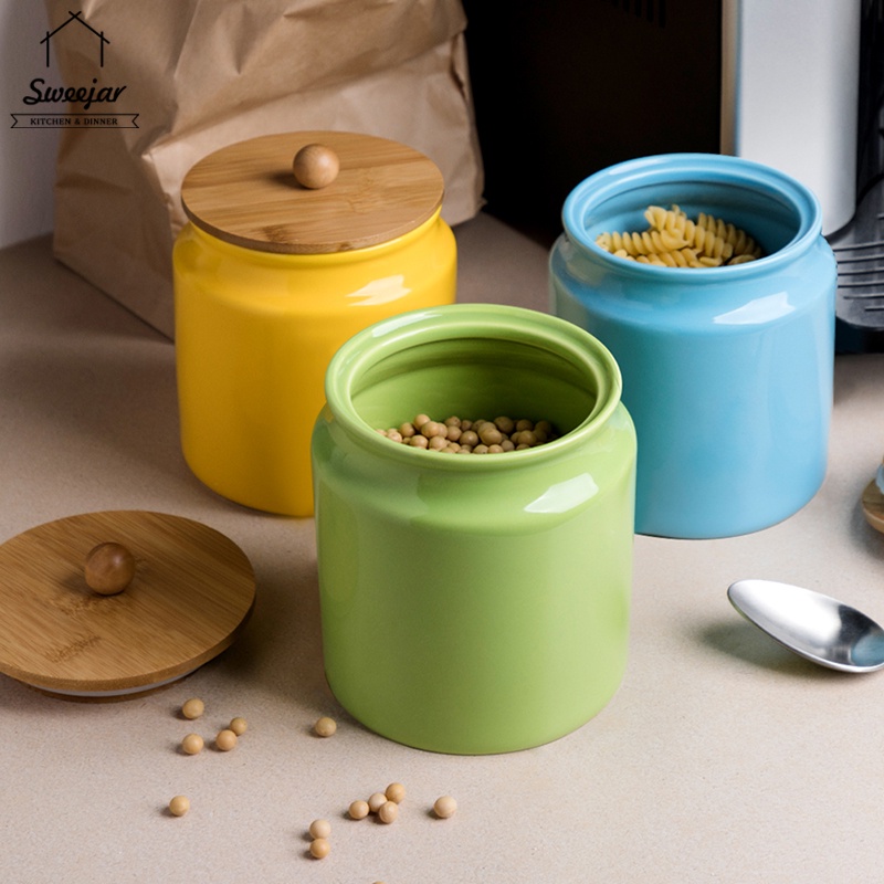Hũ gốm sứ SWEEJAR đựng thực phẩm có nắp đậy bằng tre và ron đậy kín tiện dụng 800ml