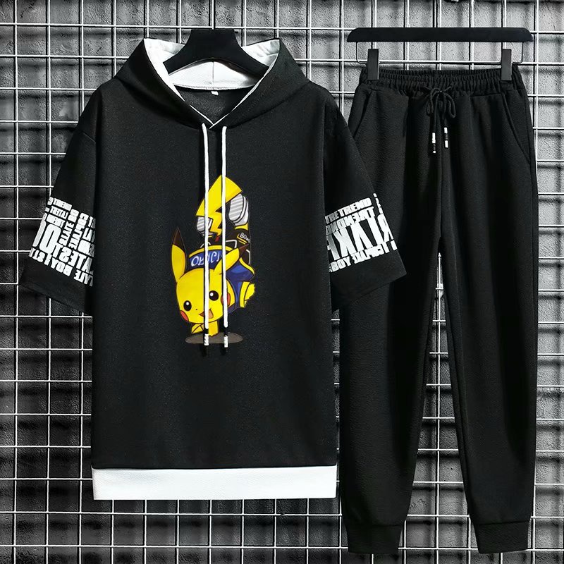 Set áo hoodie tay ngắn + quần dài phong cách cho nam size m-3xl họa tiết hoạt hình pikachu đáng yêu