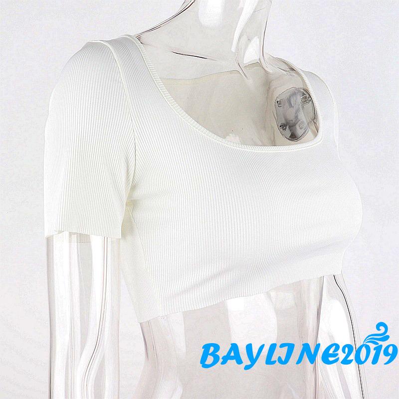 Áo thun gân croptop tay ngắn cổ vuông màu trơn thời trang cho nữ